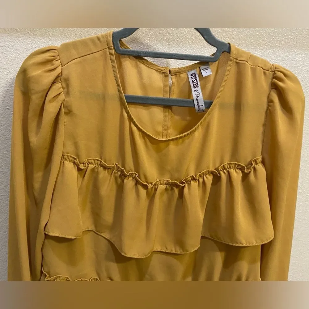 Gypsies & Moondust Mustard Ruffle Tiered Sheer Blouse Women's Sz L